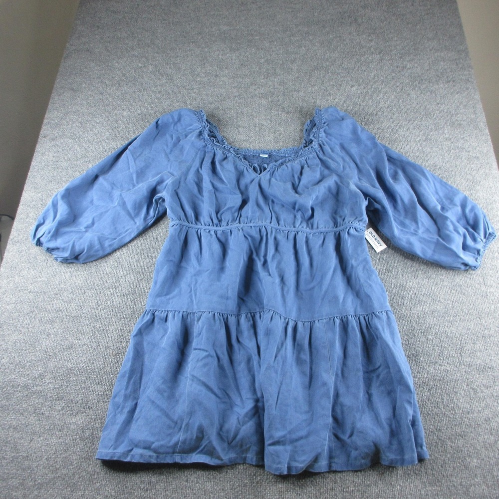 Old Navy Dress Womens XXL Blue Smocked Square Neck 3/4 Puff Sleeve Trapeze Mini